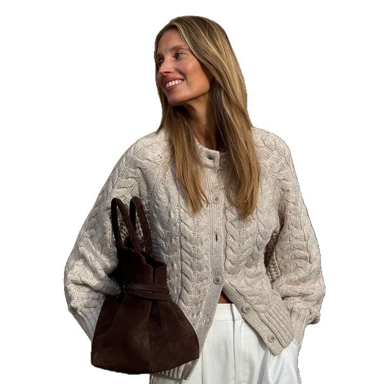 Damen Grobgestrickte Zopfmuster-Strickjacke mit Ballonärmeln Drune