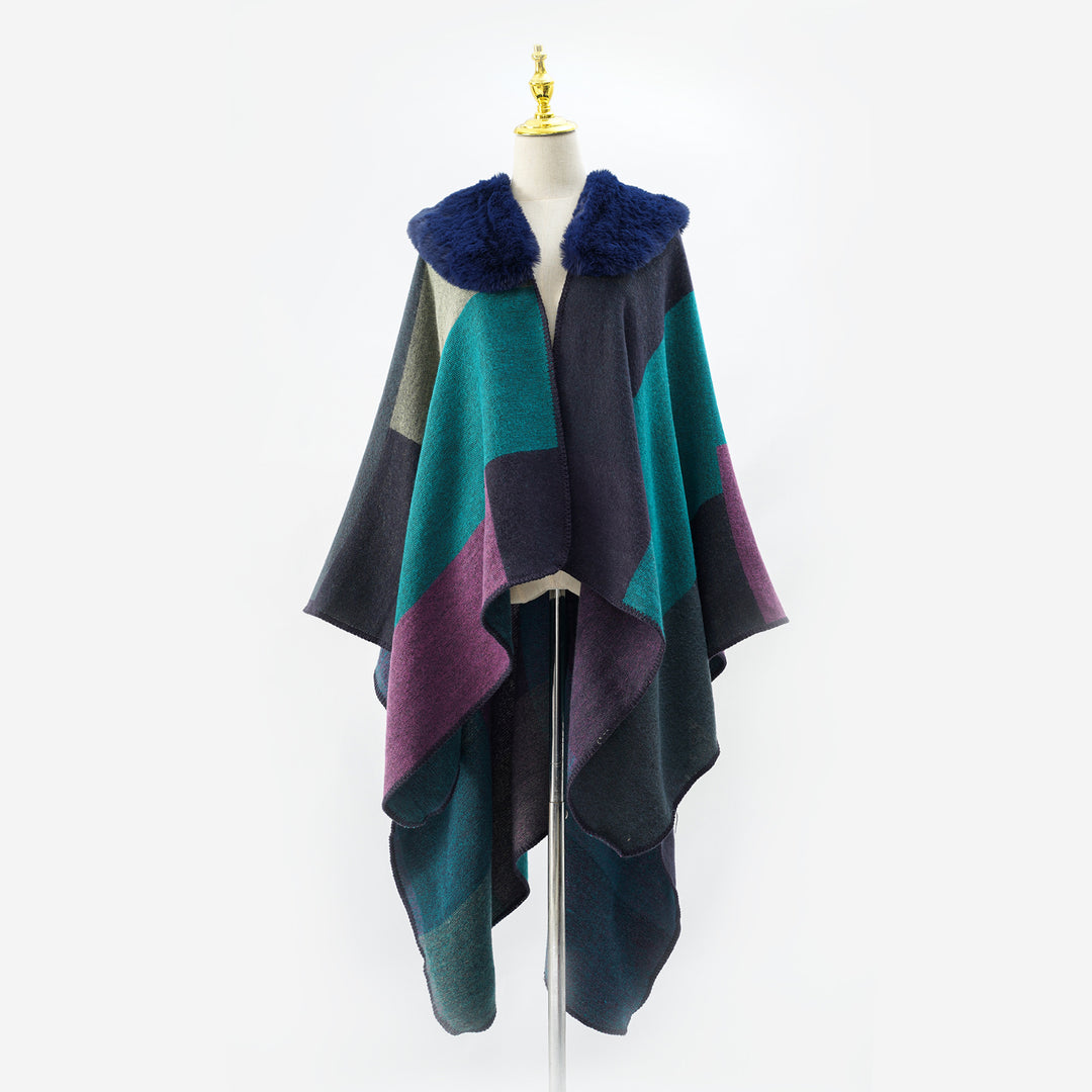 Damen Oversize-Capeponcho mit Kunstfellkragen und Colorblock-Jacquard Drune