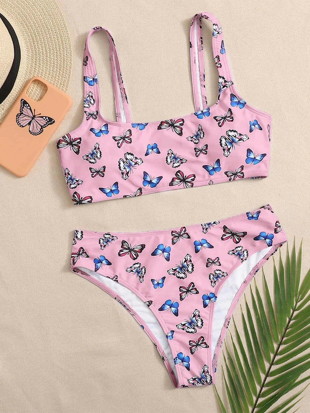 Damen Crop-Bikini-Set mit buntem Schmetterlingsdruck Drune