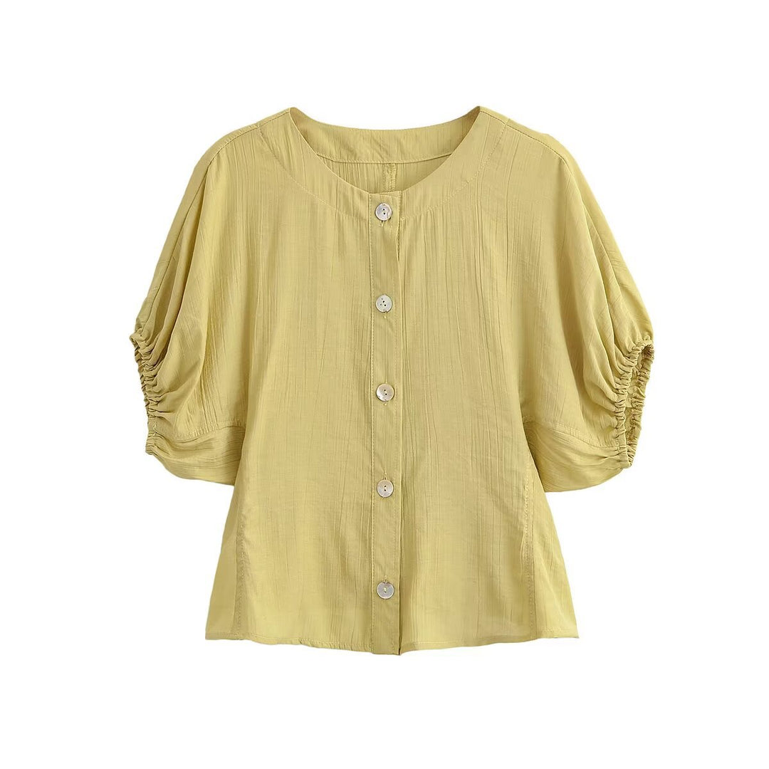 Damen Leichtes Crinkle-Blusen-Shirt mit Knopfleiste und gerafften Ballonärmeln Drune