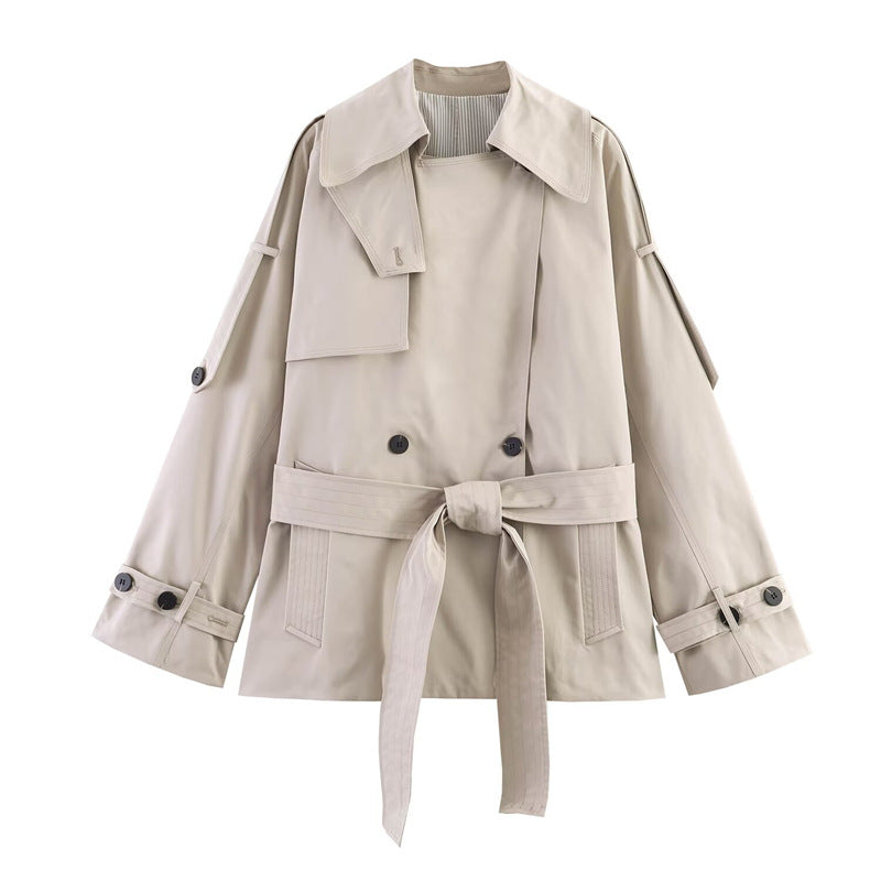 Damen Kurz geschnittener Oversized Trenchcoat mit Taillengürtel und doppelreihiger Knopfleiste Drune