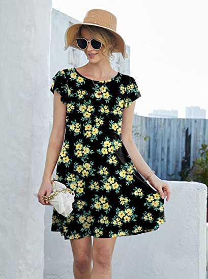 Damen Sommerliches Blumenkleid mit Rüschendetails und schwingendem Rock Drune