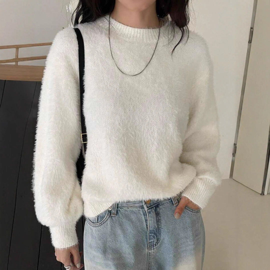 Damen Kurzgeschnitteter Flauschpullover mit Ballonärmeln und Rundhalsausschnitt Drune