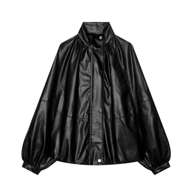 Damen Glänzender Cropped Blouson aus Kunstleder mit hohem Stehkragen und voluminösen Ballonärmeln Drune