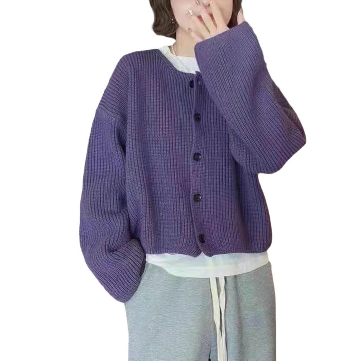 Damen lässige Strickjacke mit vorne offenen Knöpfen und ballonförmigen Ärmeln Drune