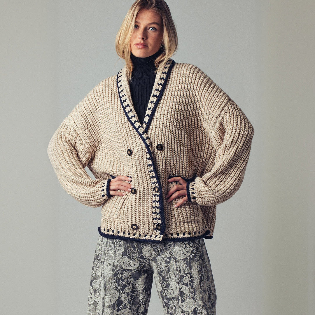 Damen Grobstrick-Cardigan mit Schalkragen, Zierstreifen & aufgesetzten Taschen Drune