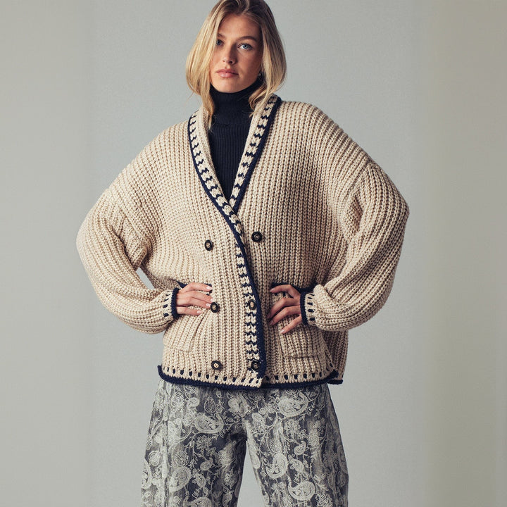 Damen Grobstrick-Cardigan mit Schalkragen, Zierstreifen & aufgesetzten Taschen Drune