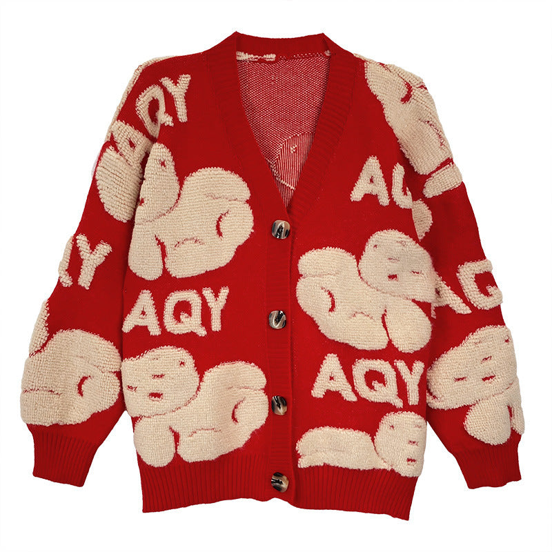 Damen kuschelige Strickjacke mit großem Schriftmotiv Drune