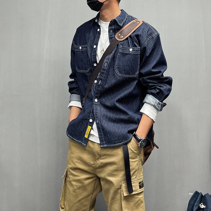 Herren Lässige Denim-Hemdjacke mit Streifen Drune