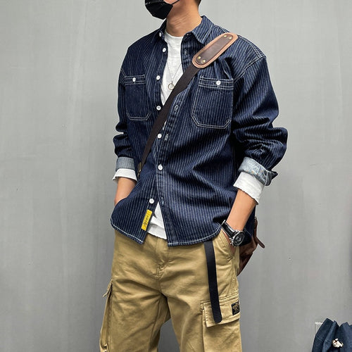 Herren Lässige Denim-Hemdjacke mit Streifen Drune