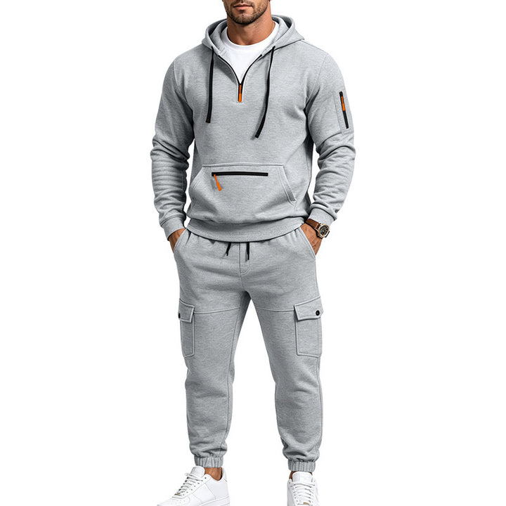 Herren Zweiteiliges Fleece-Loungewear-Set mit Halbzip-Kapuze und Cargo-Jogger Drune