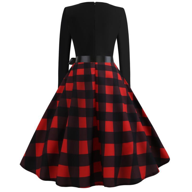 Damen Retro Swingkleid mit welligem V-Ausschnitt, tailliertem Satinbindegürtel und karierter Tellerrock Drune