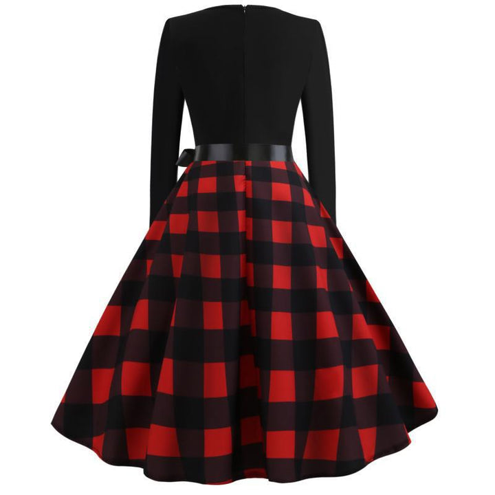 Damen Retro Swingkleid mit welligem V-Ausschnitt, tailliertem Satinbindegürtel und karierter Tellerrock Drune