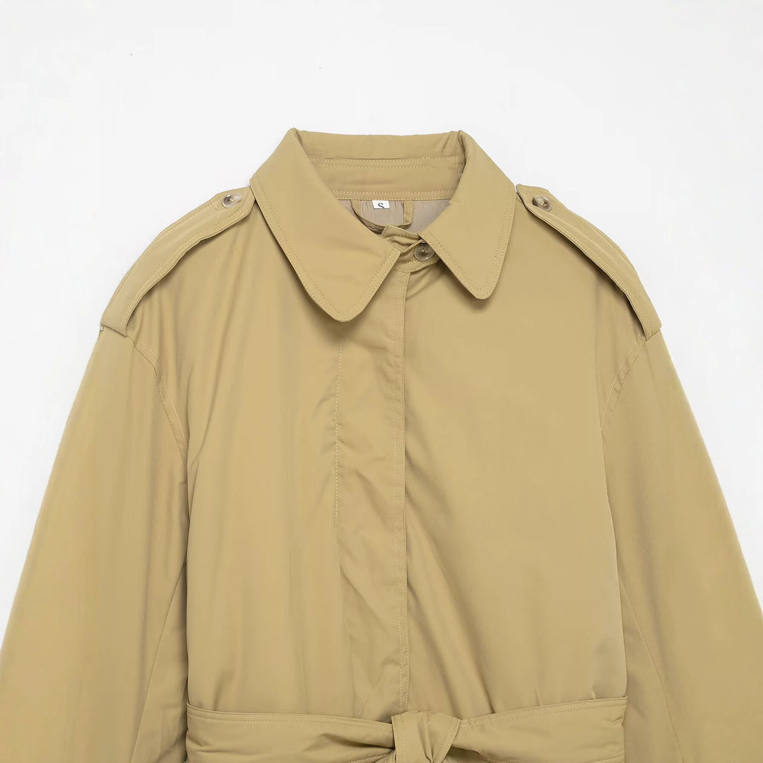 Damen Kurzer Trenchcoat mit Taillengürtel und Schulterklappen Drune