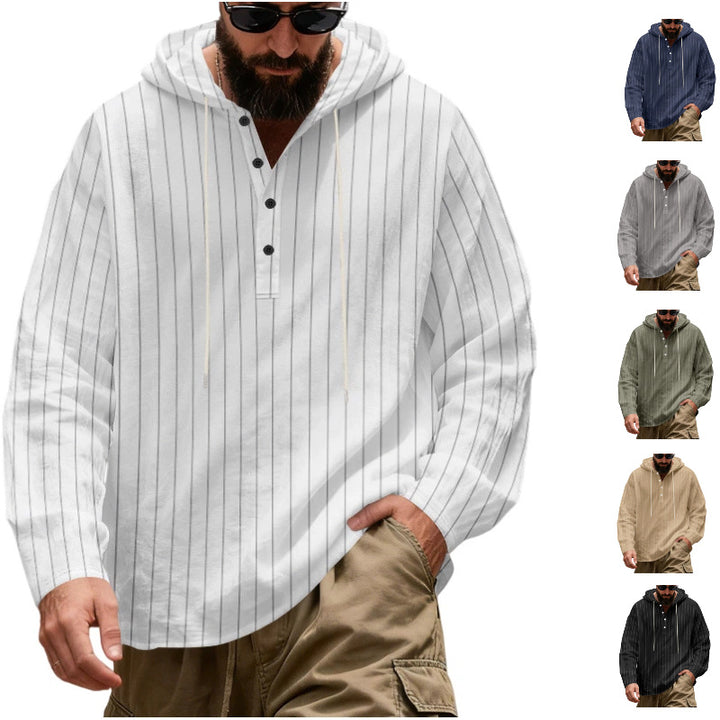 Herren Lässiges Kapuzen-Henleyshirt mit feinen Nadelstreifen und Knopfleiste Drune