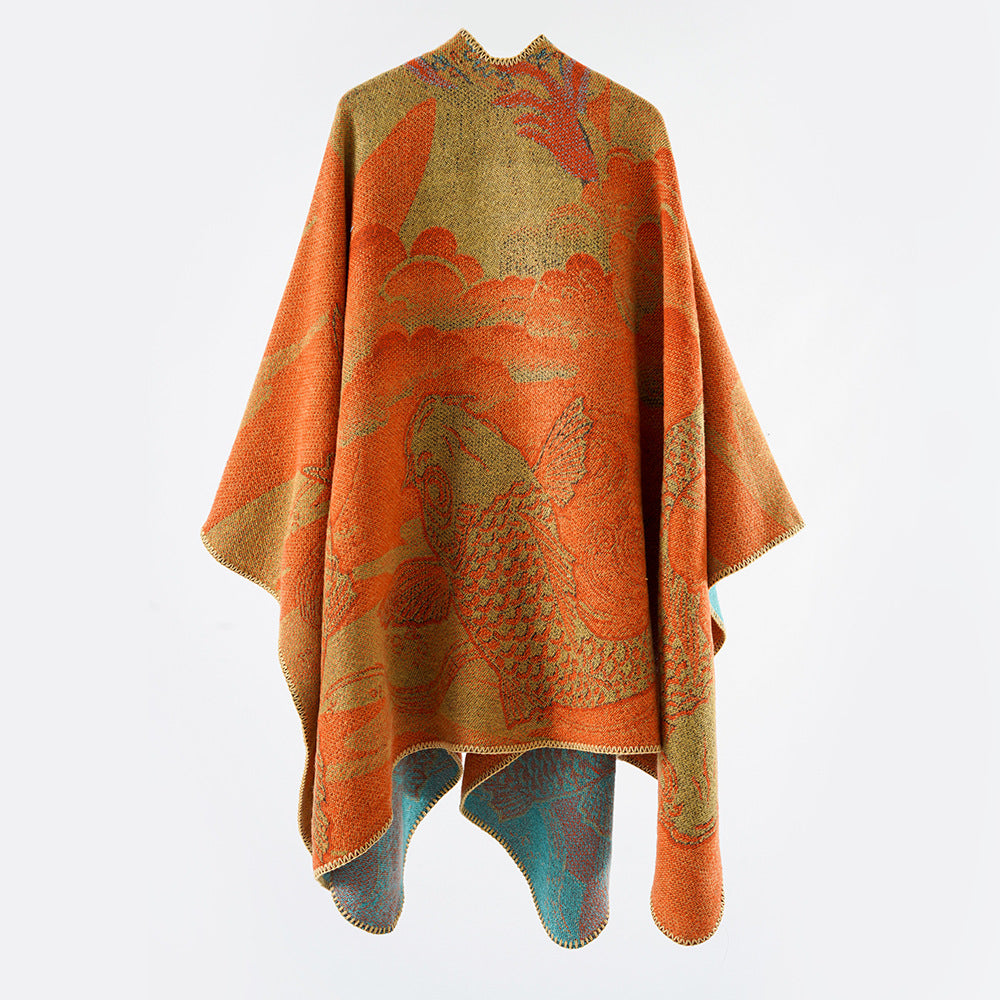 Damen Jacquard-Strick Cape mit Koi-Motiv und weitem Oversize-Fall Drune