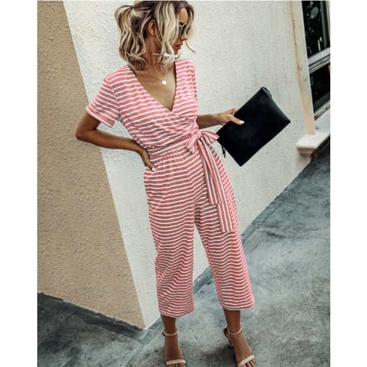 Damen Jumpsuit mit modischem Wickel-Design und gestreiftem Muster Drune