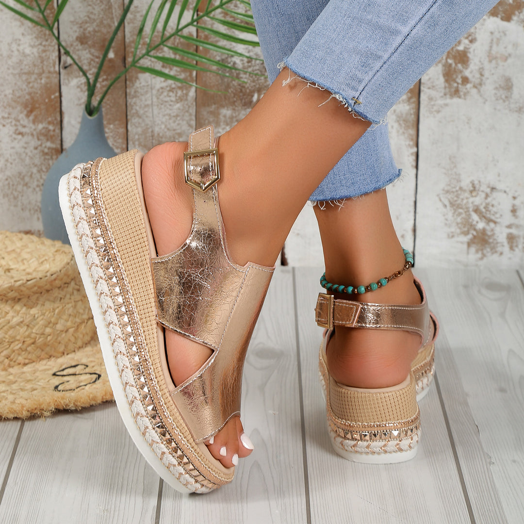 Damen nan Plateau-Sandalette aus geprägtem Kunstleder mit geflochtener Espadrille-Sohle und verstellbarem Fersenverschluss Drune