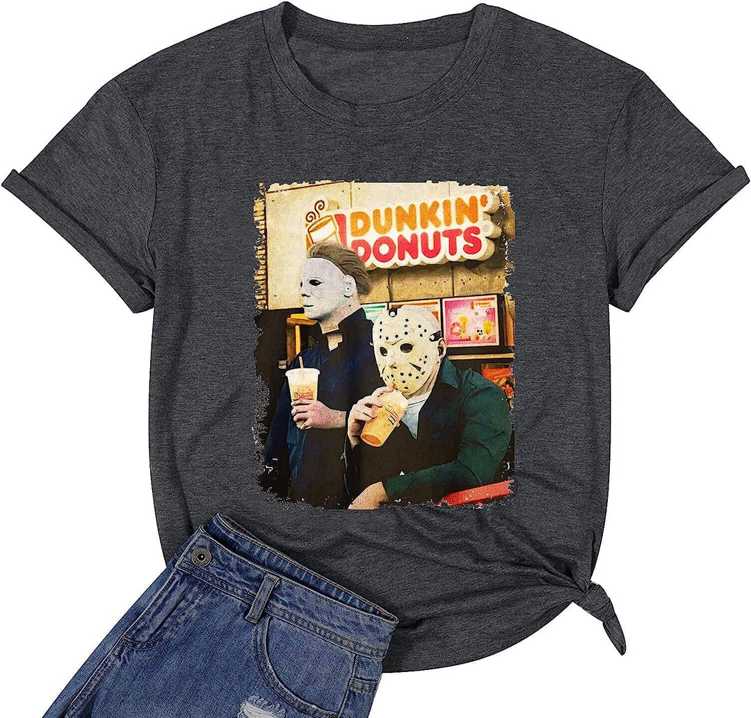 Damen Trendy Grafik T-Shirt mit ikonischen Horrorfiguren Drune