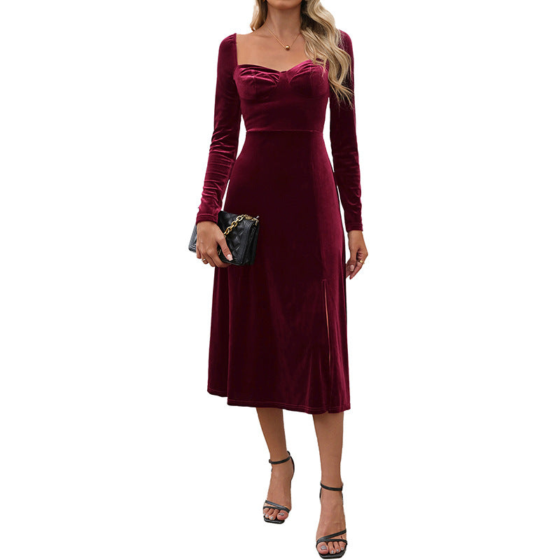 Damen Samt-Midikleid mit herzförmigem Ausschnitt, taillierter Silhouette und Langarm Drune