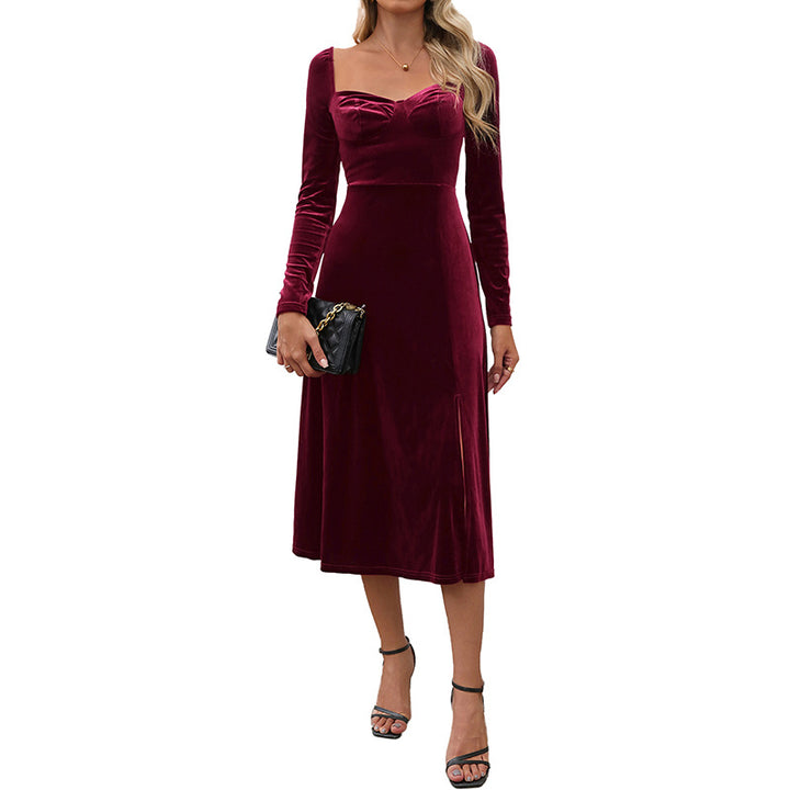 Damen Samt-Midikleid mit herzförmigem Ausschnitt, taillierter Silhouette und Langarm Drune