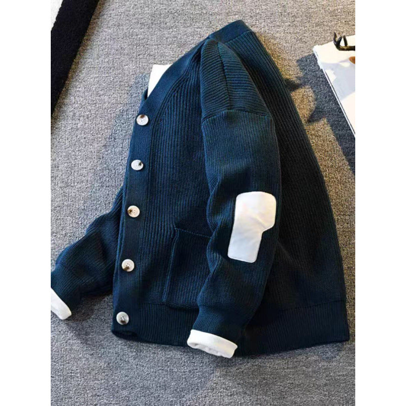 Herren Oversized Strickcardigan mit Ellenbogen-Patches und aufgesetzten Taschen Drune
