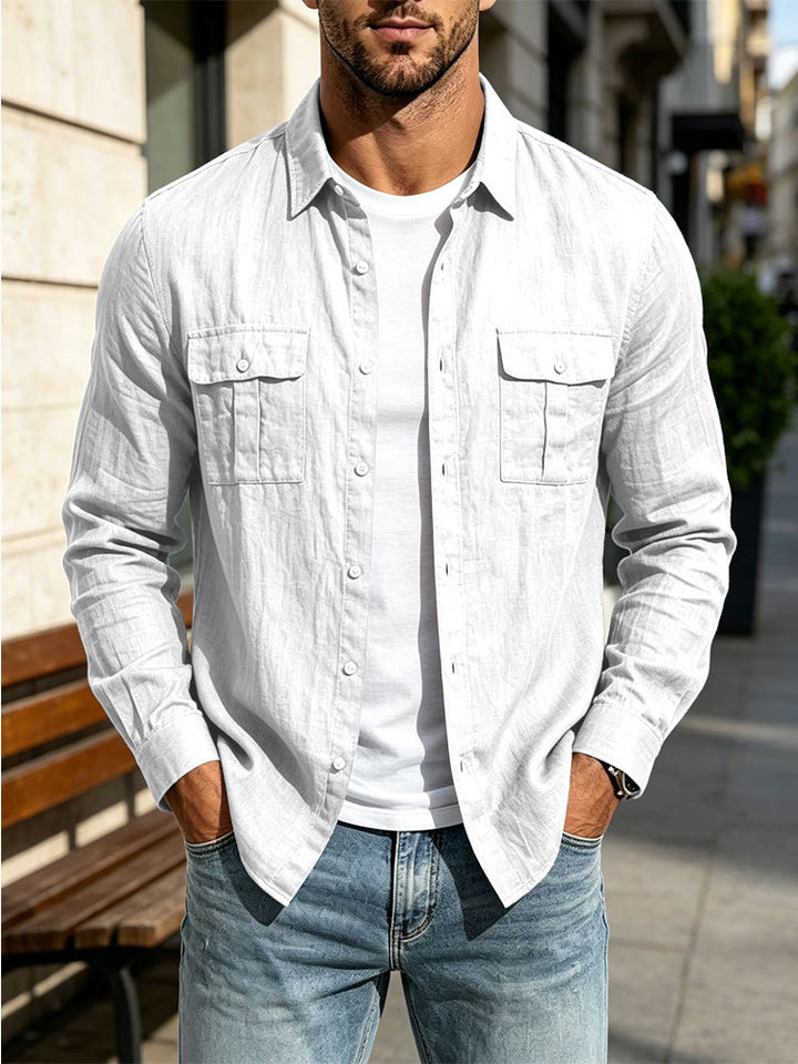 Herren Leichte Hemdjacke aus Baumwoll-Leinen mit Brusttaschen und lockerer Passform Drune