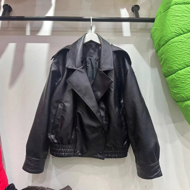 Damen nan cropped zweireihiger Kunstleder-Blouson mit breitem Revers und elastischem Saum Drune