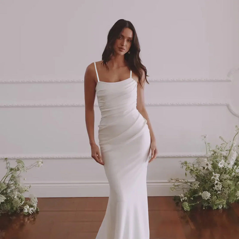 Damen figurbetontes Maxikleid mit Spaghettiträgern und raffinierten Rüschendetails Drune