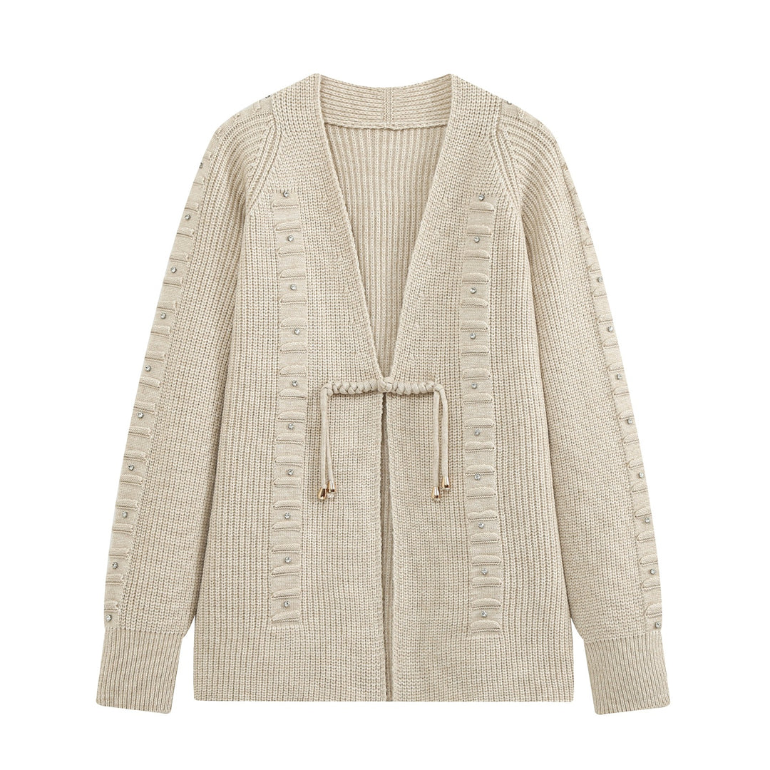 Damen Grobstrick-Cardigan mit Tunnelzug und Strassapplikation Drune