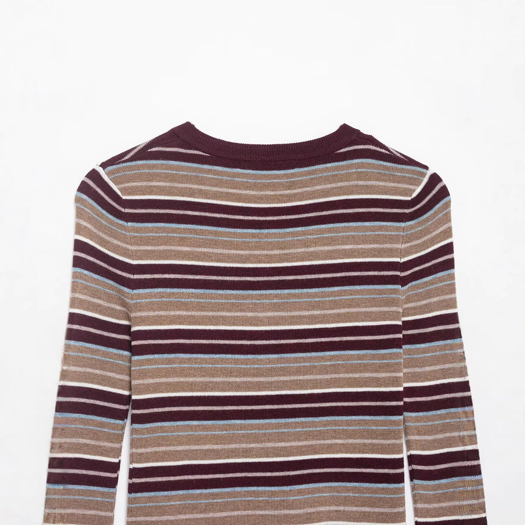 Damen Gestreiftes Feinstrick-Henleyshirt mit Knopfleiste und schlanker Passform Drune