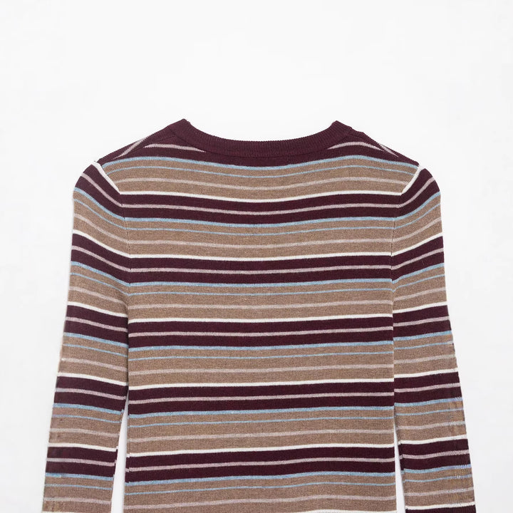 Damen Gestreiftes Feinstrick-Henleyshirt mit Knopfleiste und schlanker Passform Drune