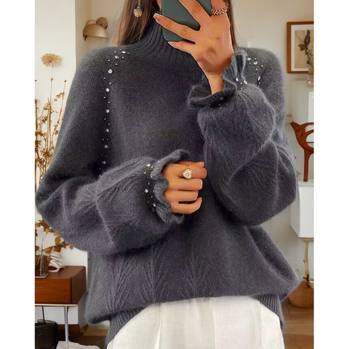 Damen nan Oversize Strickpullover mit Stehkragen und Perlendetails Drune