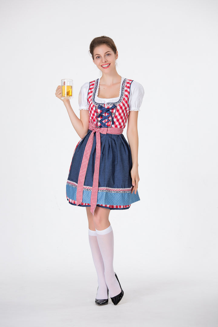 Damen nan traditionelles Trachten-Minikleid mit kariertem Schnürmieder, Puffärmelbluse und dekorativer Schürze Drune