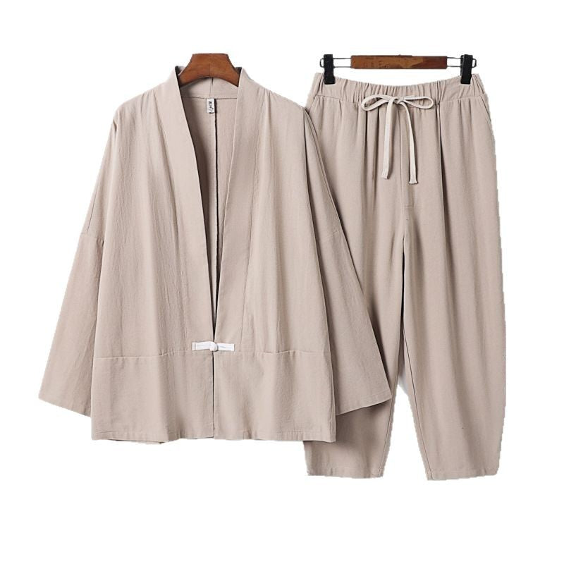 Unisex Lässiges Kimono-Loungewear-Set aus leichtem Leinenmix mit Kordelbundhose Drune