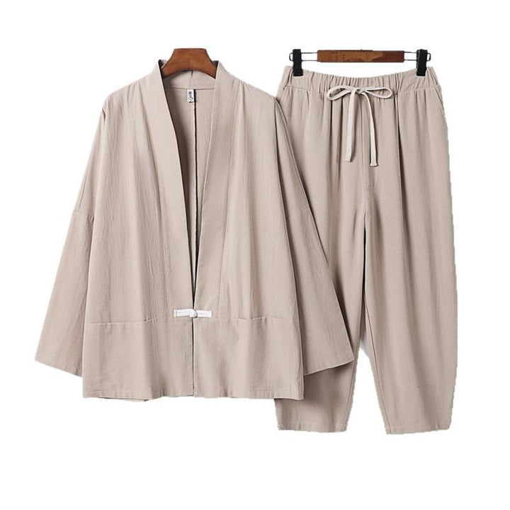 Unisex Lässiges Kimono-Loungewear-Set aus leichtem Leinenmix mit Kordelbundhose Drune