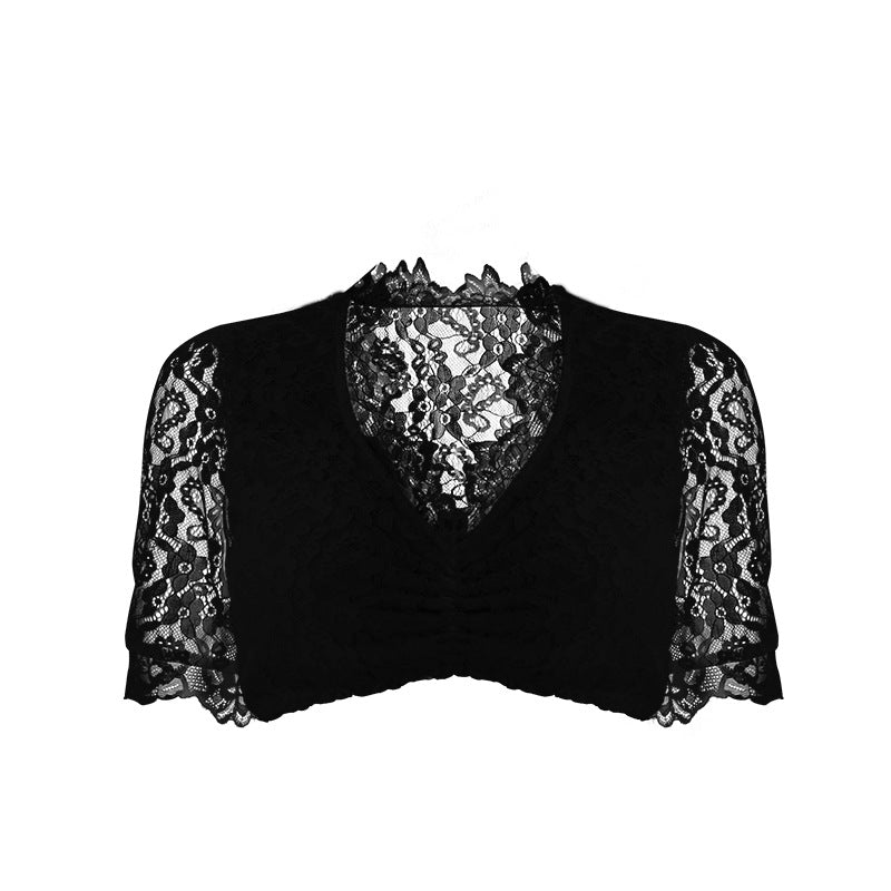 Damen nan bauchfreies Carmen Top mit geraffter Front und transparenten Puffärmeln Drune