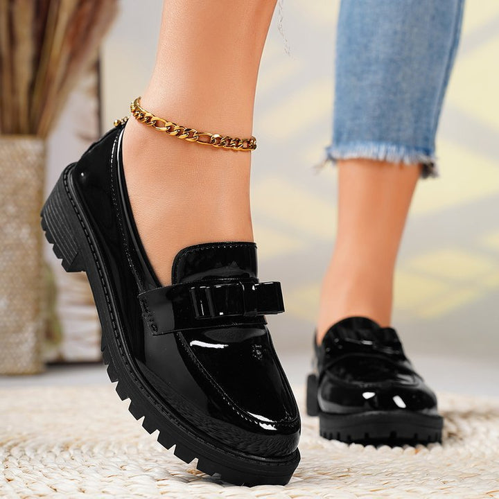 Damen nan elegante Lack-Plateau-Loafer mit dekorativer Schleife und profilierter Gummisohle Drune