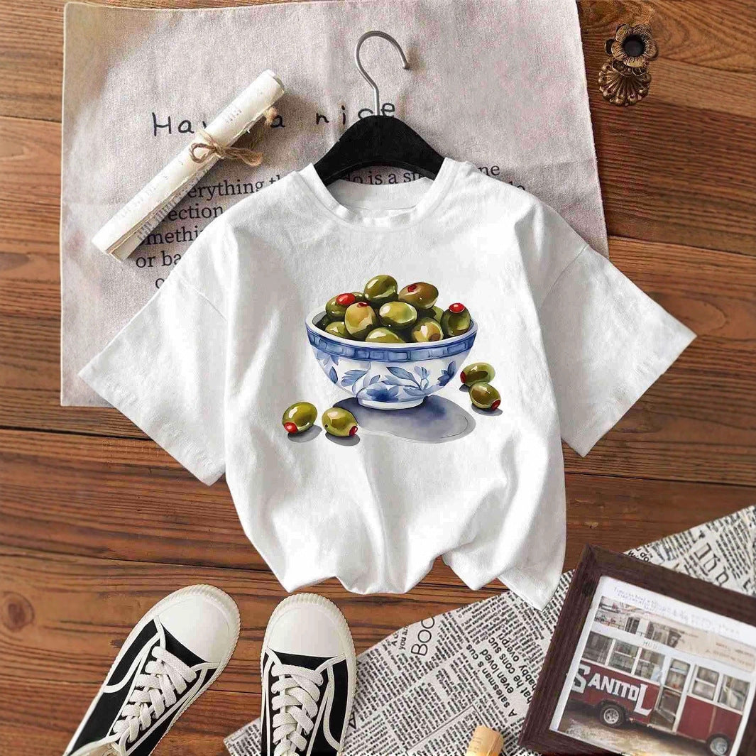 Damen T-Shirt mit kreativem Olivenmotiv Drune