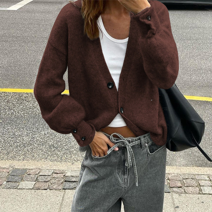 Damen nan lässige Strickjacke mit tiefem V-Ausschnitt, aufgesetzten Knopfleisten und Ballonärmeln Drune