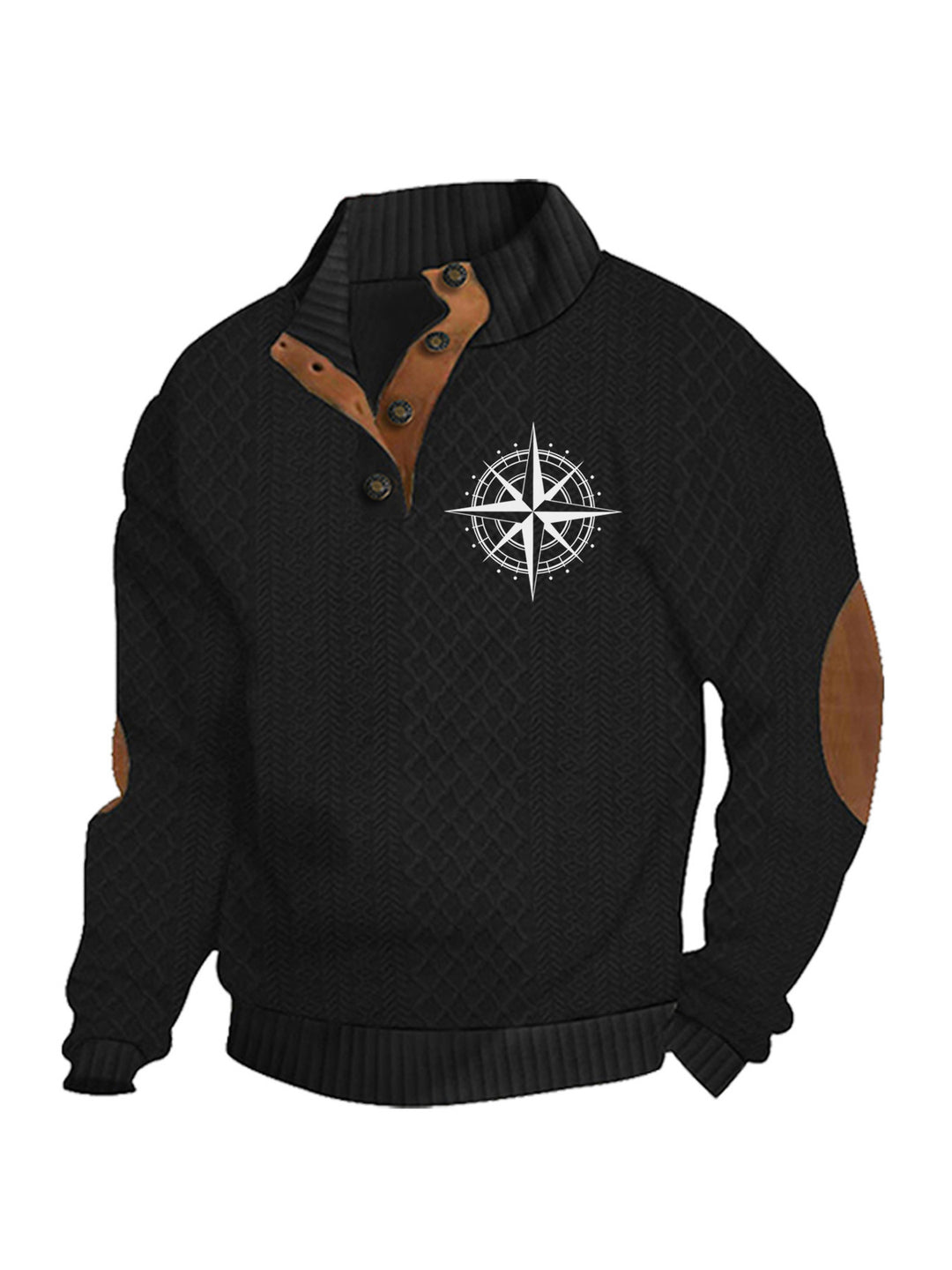 Herren nan Heritage-Strukturpullover mit Stehkragen Lederimitat-Besatz Ellenbogen-Patches und Halbknopfleiste Drune