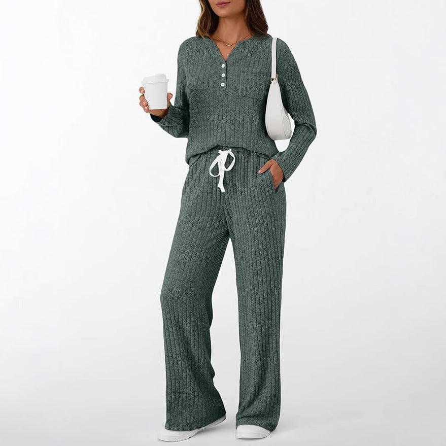 Damen Rippstrick-Lounge-Set mit Knopfleiste und weitem Kordelbund-Hose Drune