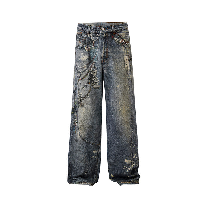 Herren Weit geschnittene Stonewashed-Denim-Jeans mit Kettenprint, Farb‑Splatter und bodenlangem Saum Drune