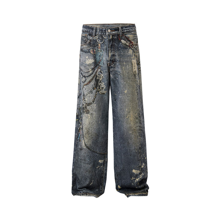 Herren Weit geschnittene Stonewashed-Denim-Jeans mit Kettenprint, Farb‑Splatter und bodenlangem Saum Drune