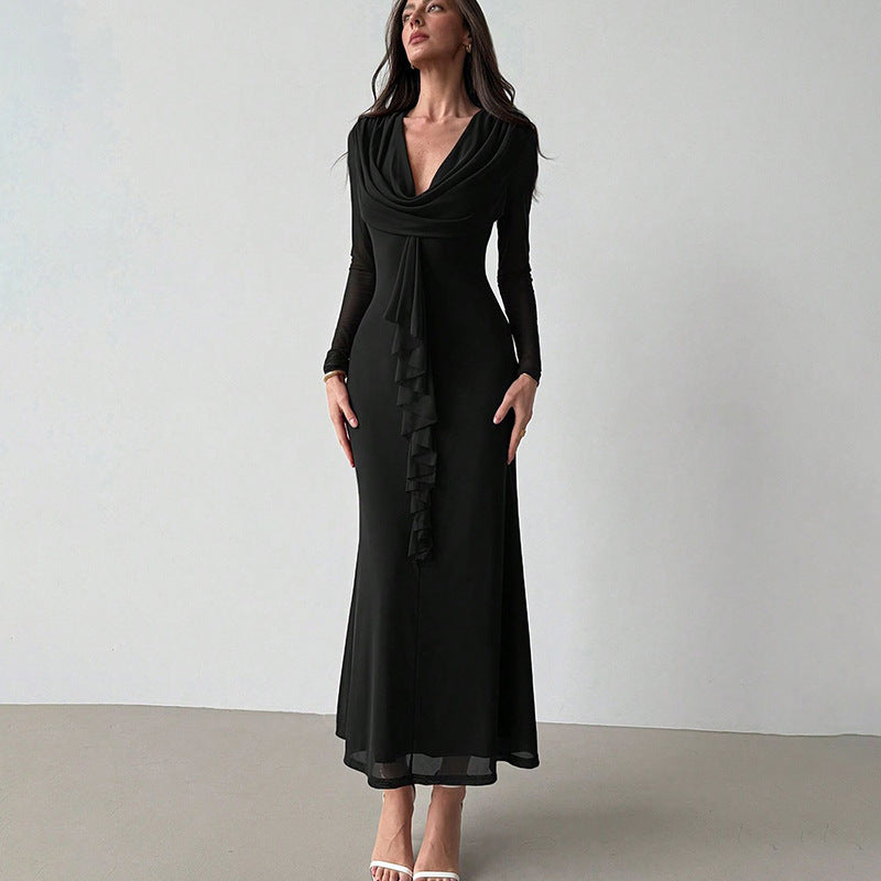Damen Elegantes Maxikleid mit tiefem V-Ausschnitt und Rüschendetail Drune