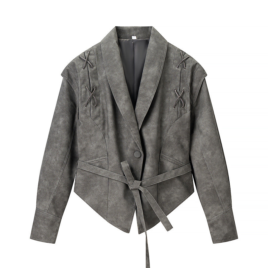 Damen Kurzjacke aus Veloursoptik mit Wickelgürtel und Schnürdetail Drune