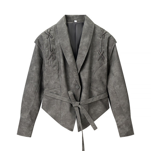 Damen Kurzjacke aus Veloursoptik mit Wickelgürtel und Schnürdetail Drune