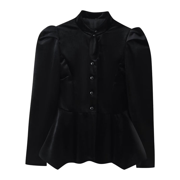 Damen Satinbluse mit Stehkragen, Puffärmeln und Peplum-Details Drune