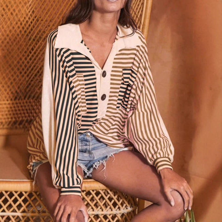 Damen Oversize-Hemdbluse mit kontrastrevers, Streifenmuster und Volumenärmeln Drune