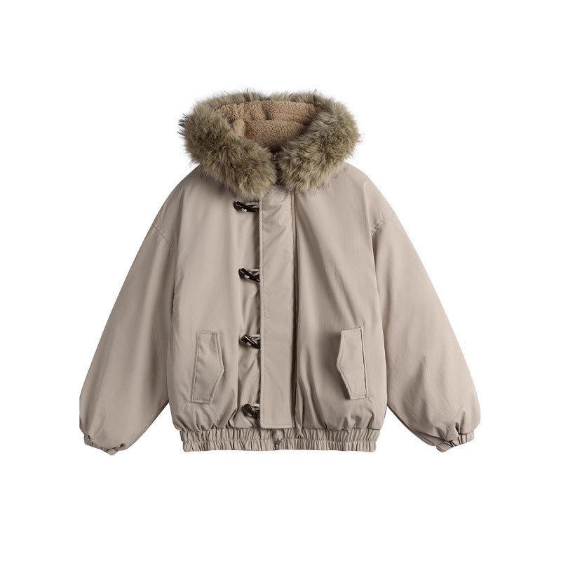 Unisex Gepolsterte Kapuzenjacke im Boxy‑Cut mit Teddyinnenfutter, Kunstfellkragen und Knebelverschlüssen Drune